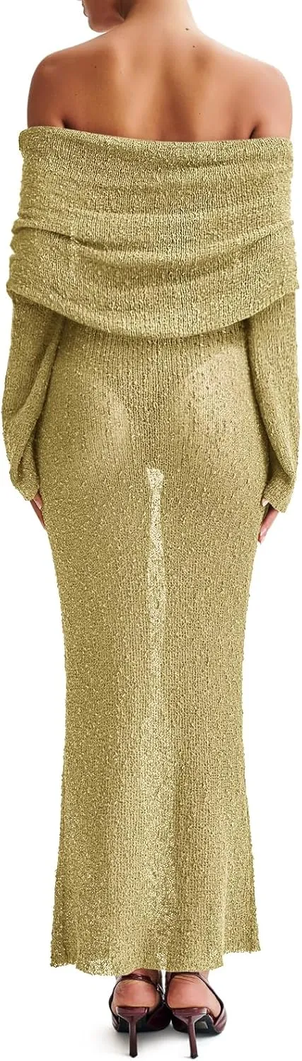 Off The Shoulder Maxi Dress Long Sleeve Beach Crochet Cover Up Summer Sexy Maxi Dresses S-2XL