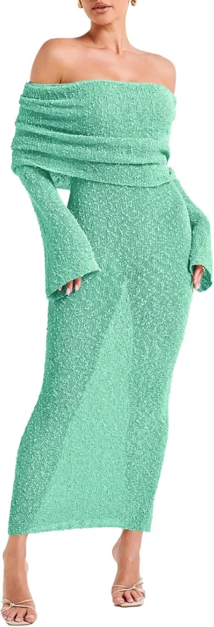 Off The Shoulder Maxi Dress Long Sleeve Beach Crochet Cover Up Summer Sexy Maxi Dresses S-2XL