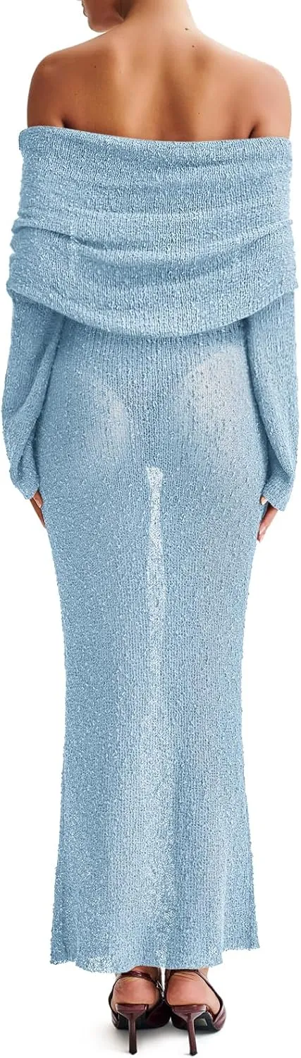 Off The Shoulder Maxi Dress Long Sleeve Beach Crochet Cover Up Summer Sexy Maxi Dresses S-2XL