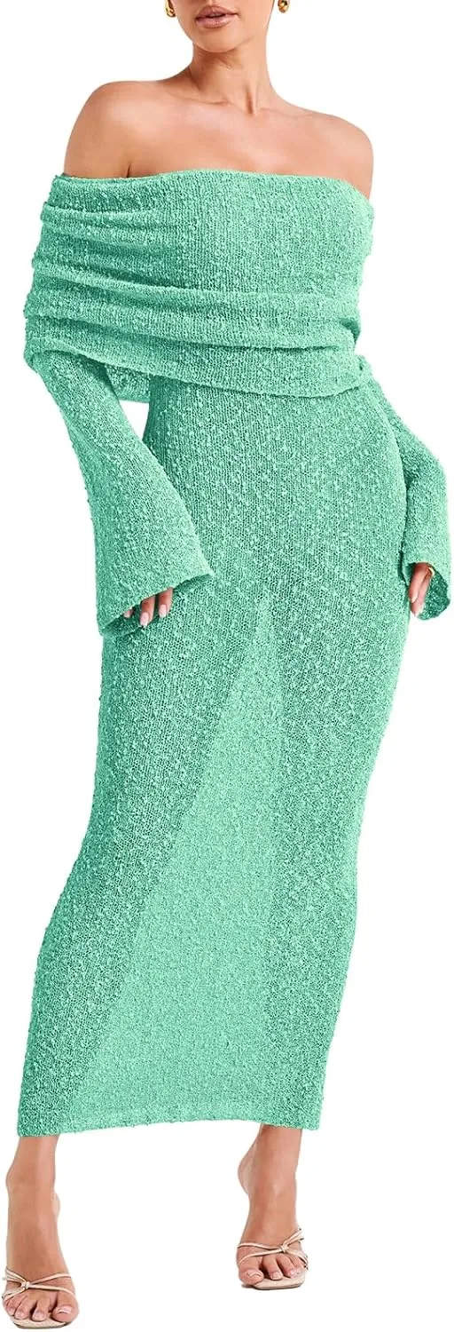 Off The Shoulder Maxi Dress Long Sleeve Beach Crochet Cover Up Summer Sexy Maxi Dresses S-2XL