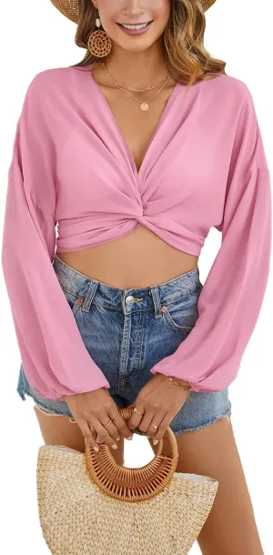 olrain Women Tie Front Beach Cove Up Chiffon Kimono Crop Top Swimming Bikini Bathing Long Sleeve Beach Shirt for Women