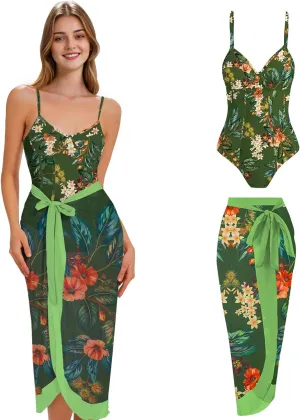One Piece Swimsuit with Cover Up Sarong Swimsuits for Women Bathing Suit with Wrap Womens Swimsuit with Cover Up Set