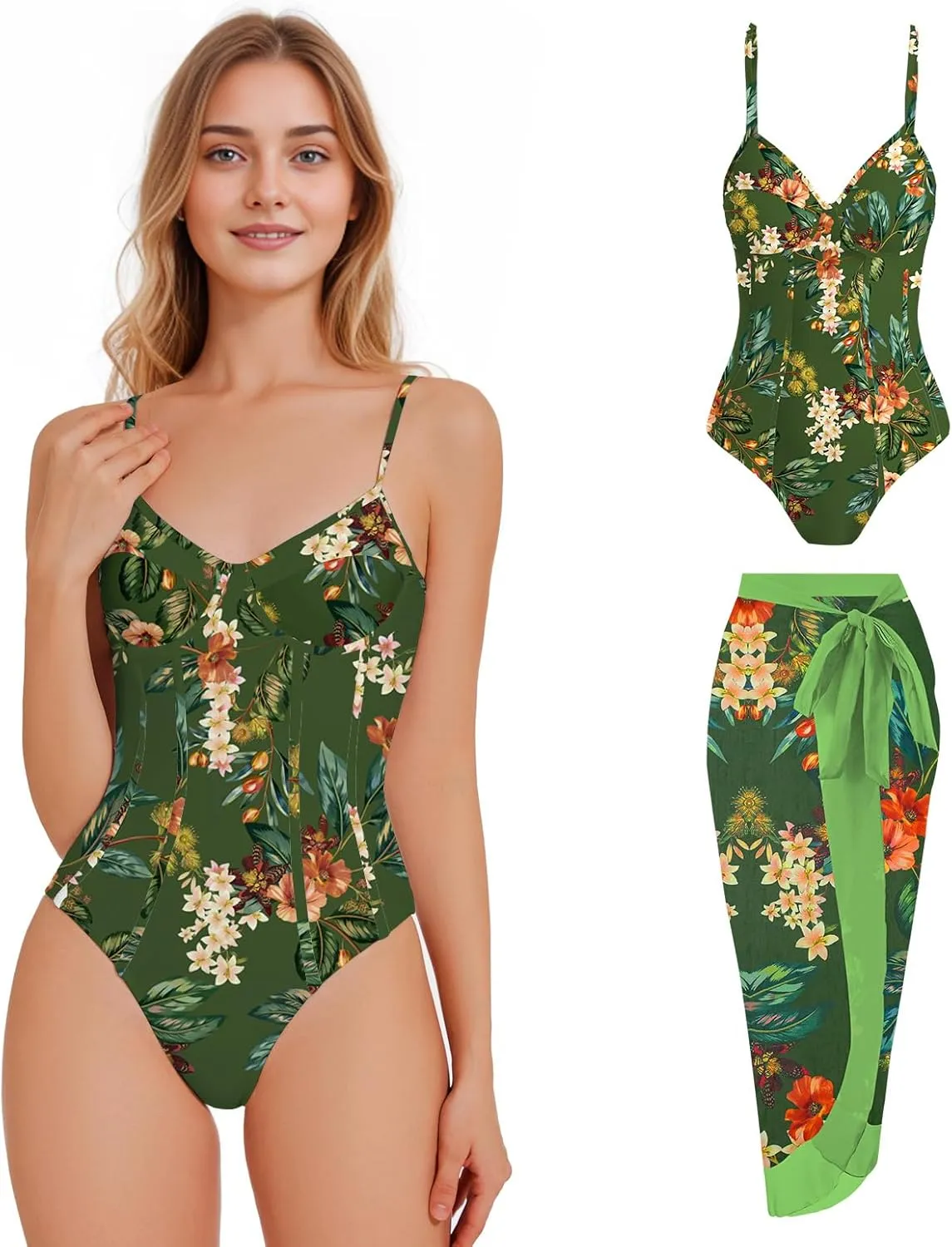 One Piece Swimsuit with Cover Up Sarong Swimsuits for Women Bathing Suit with Wrap Womens Swimsuit with Cover Up Set