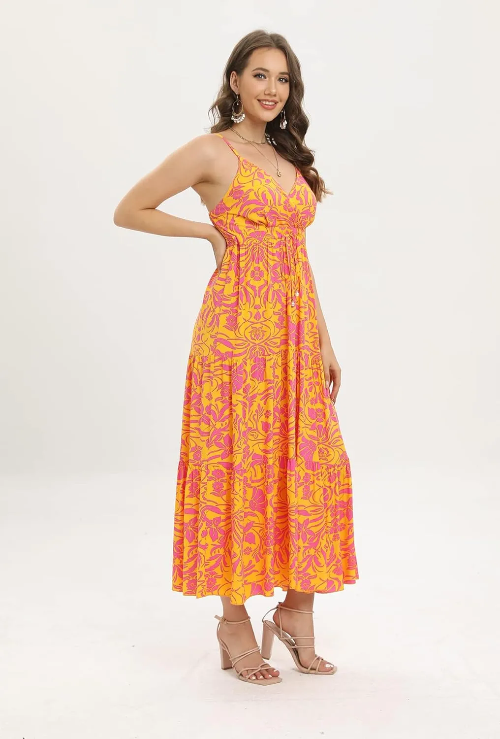 OSTOO Women's Floral Print Maxi Dresses Sleeveless Sleeves Boho Empire Waist Dress