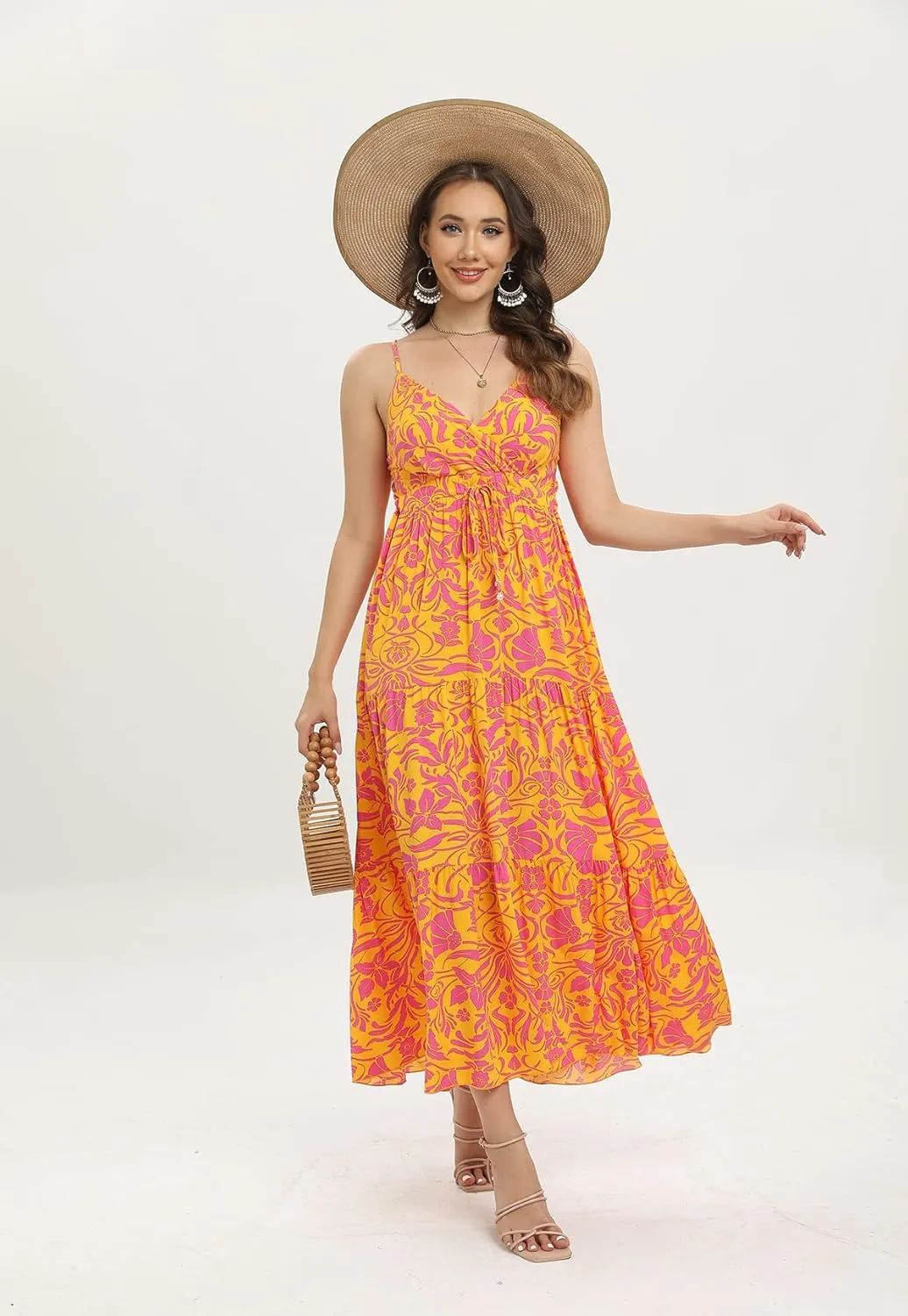 OSTOO Women's Floral Print Maxi Dresses Sleeveless Sleeves Boho Empire Waist Dress
