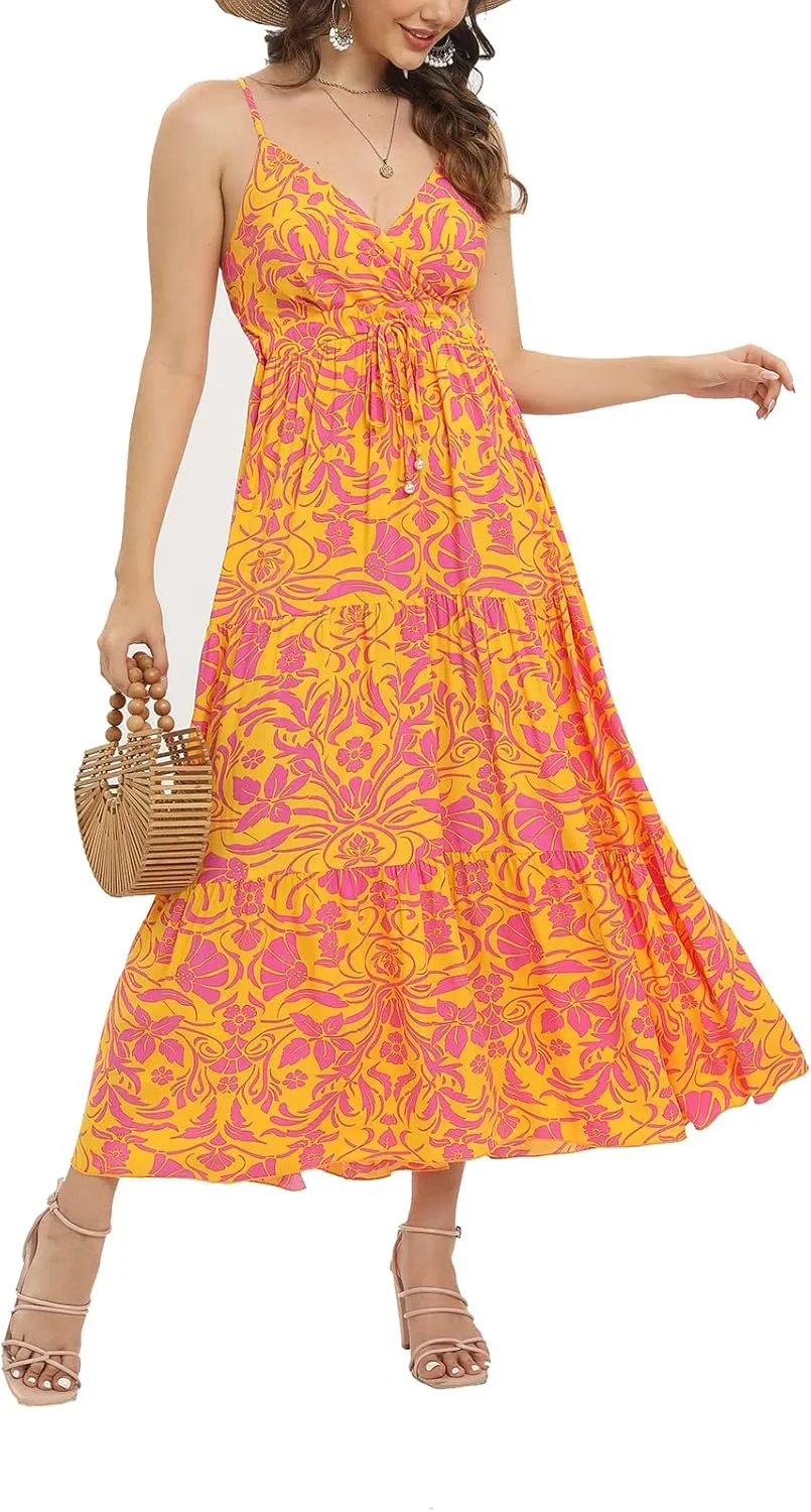 OSTOO Women's Floral Print Maxi Dresses Sleeveless Sleeves Boho Empire Waist Dress