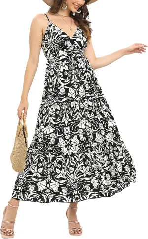 OSTOO Women's Floral Print Maxi Dresses Sleeveless Sleeves Boho Empire Waist Dress