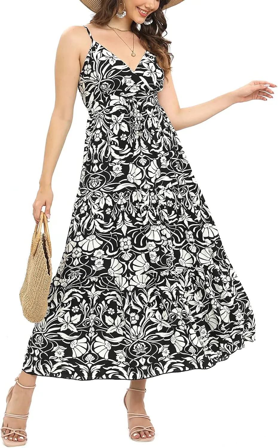 OSTOO Women's Floral Print Maxi Dresses Sleeveless Sleeves Boho Empire Waist Dress