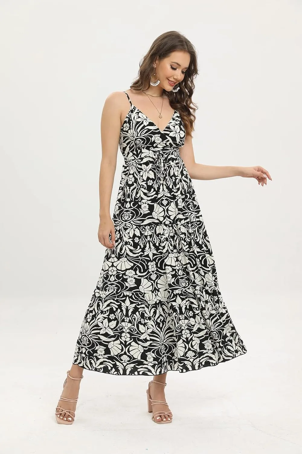 OSTOO Women's Floral Print Maxi Dresses Sleeveless Sleeves Boho Empire Waist Dress