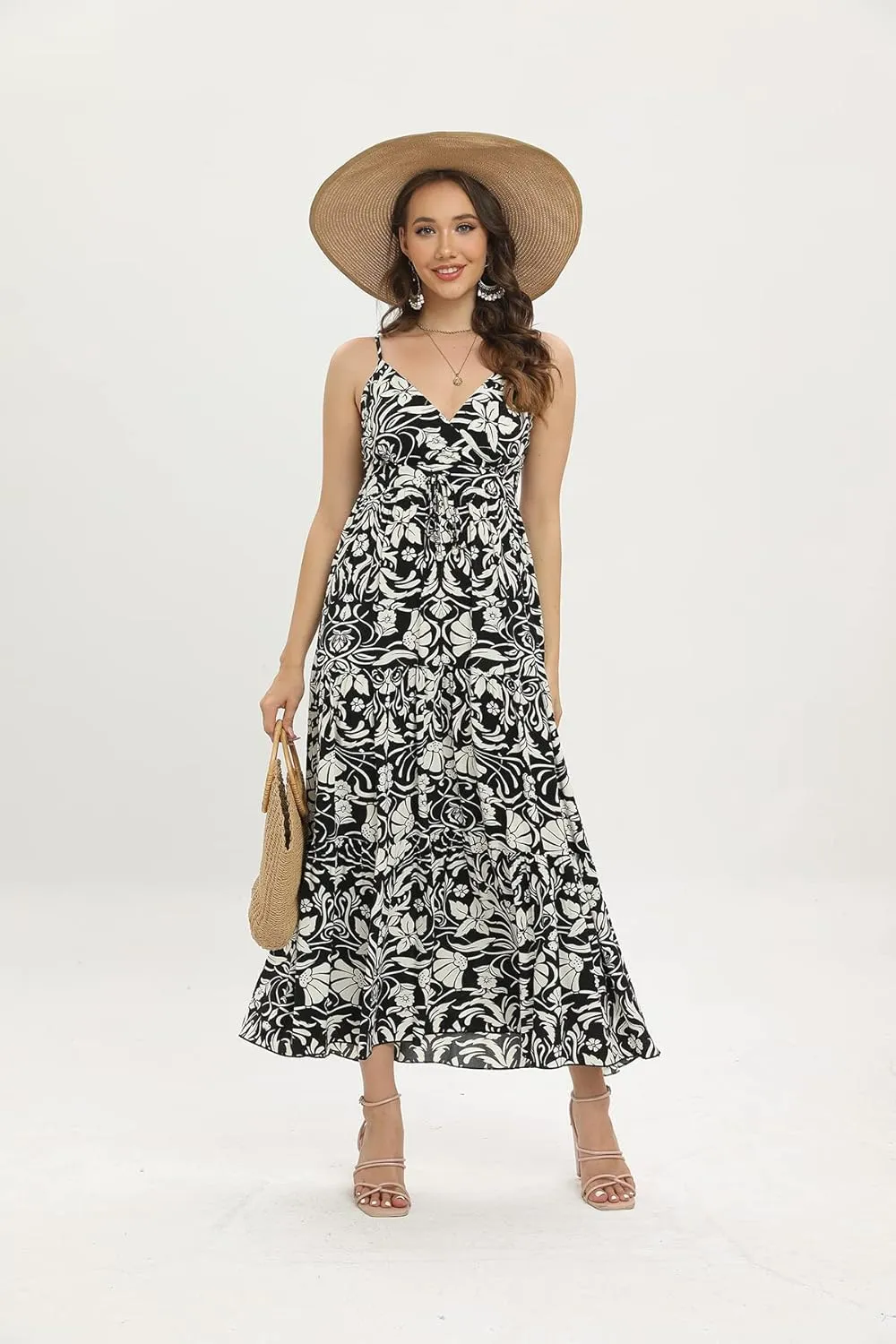 OSTOO Women's Floral Print Maxi Dresses Sleeveless Sleeves Boho Empire Waist Dress
