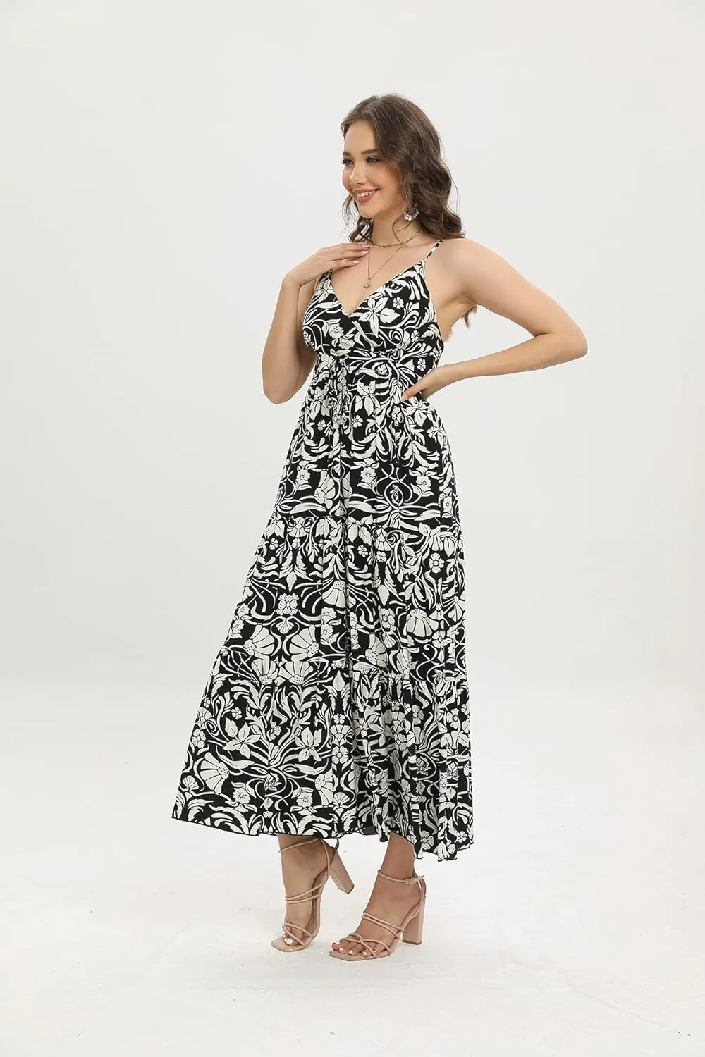 OSTOO Women's Floral Print Maxi Dresses Sleeveless Sleeves Boho Empire Waist Dress