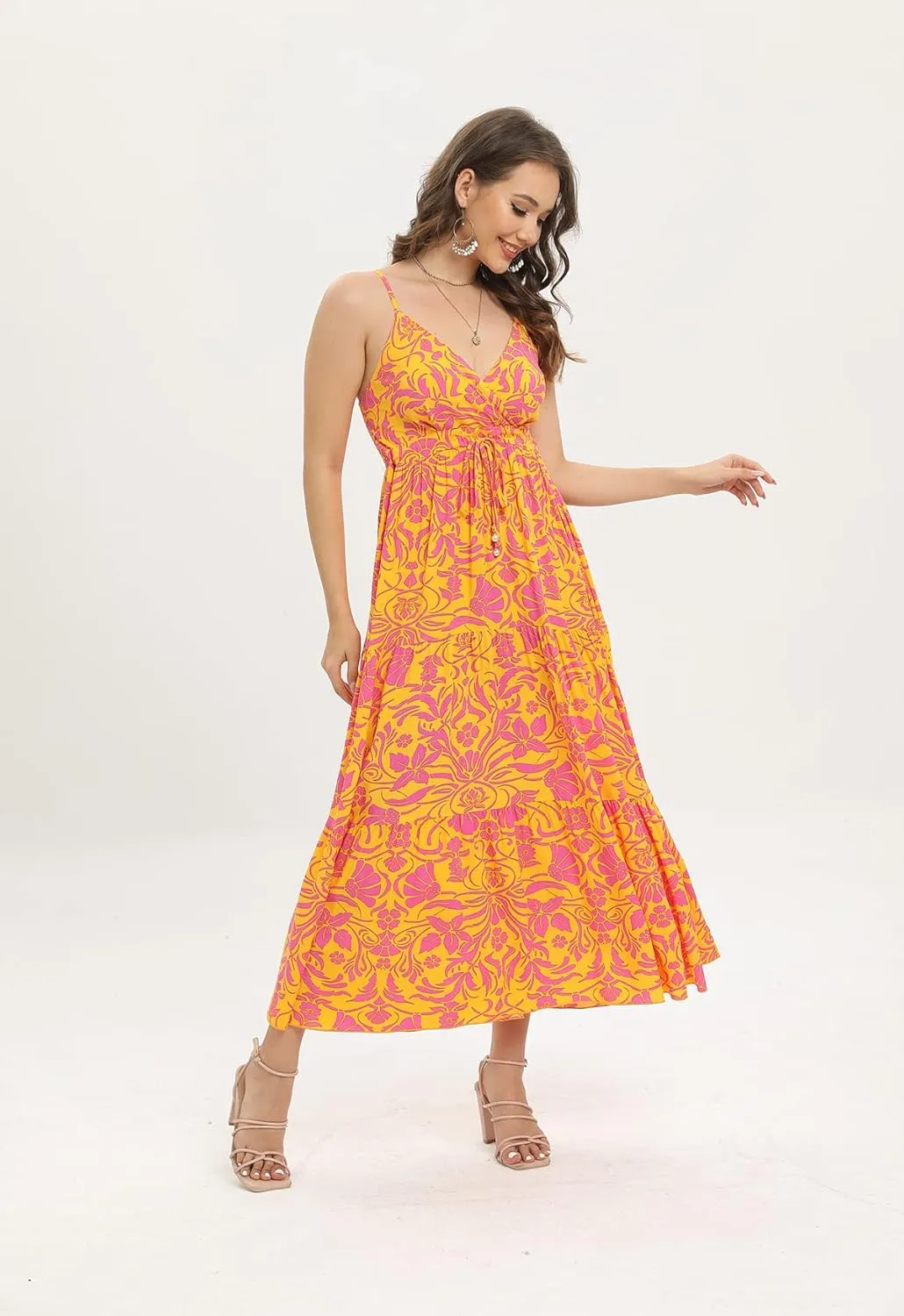 OSTOO Women's Floral Print Maxi Dresses Sleeveless Sleeves Boho Empire Waist Dress