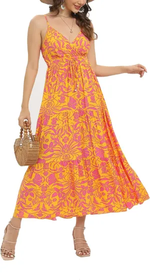 OSTOO Women's Floral Print Maxi Dresses Sleeveless Sleeves Boho Empire Waist Dress
