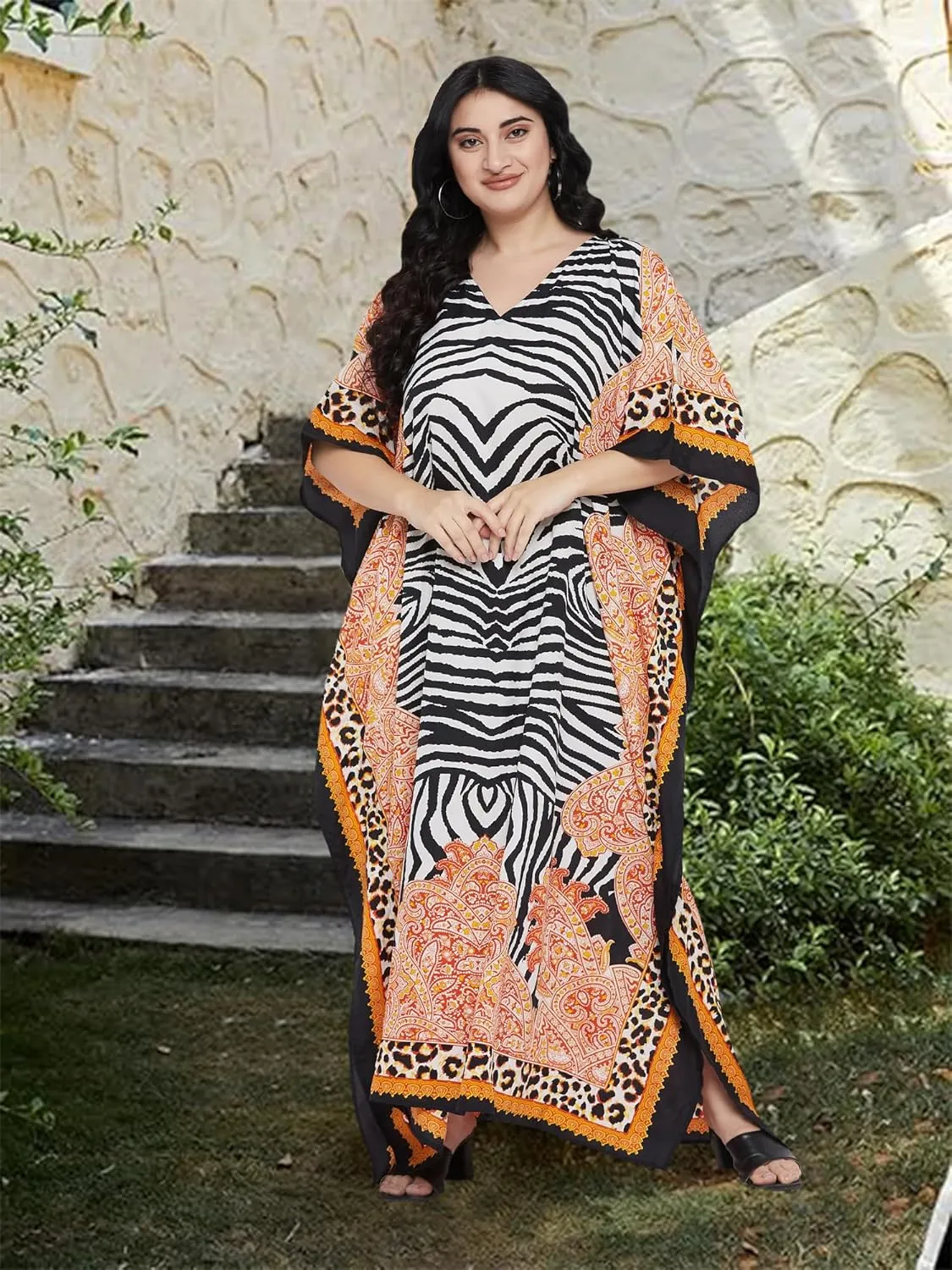 Oussum Women Casual Kaftan Plus Size Long Dubai Caftan Beach Polyester Maxi House Dress for Ladies