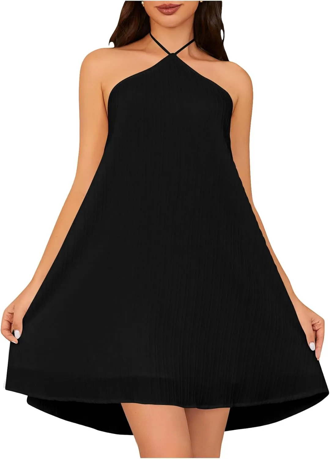 OYOANGLE Women's Summer Beach Dresses Sleeveless Halter Tie Back Solid Backless Flared Short Dress
