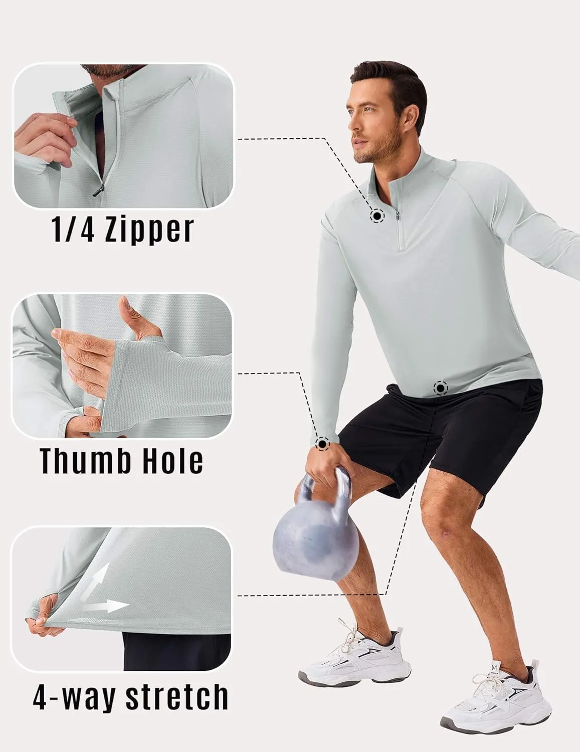 PINSPARK UV Long Sleeve Shirt for Men Quarter Zip Pullover Lightweight Rash Guard with Thumb Hole Quick Dry Workout Shirts