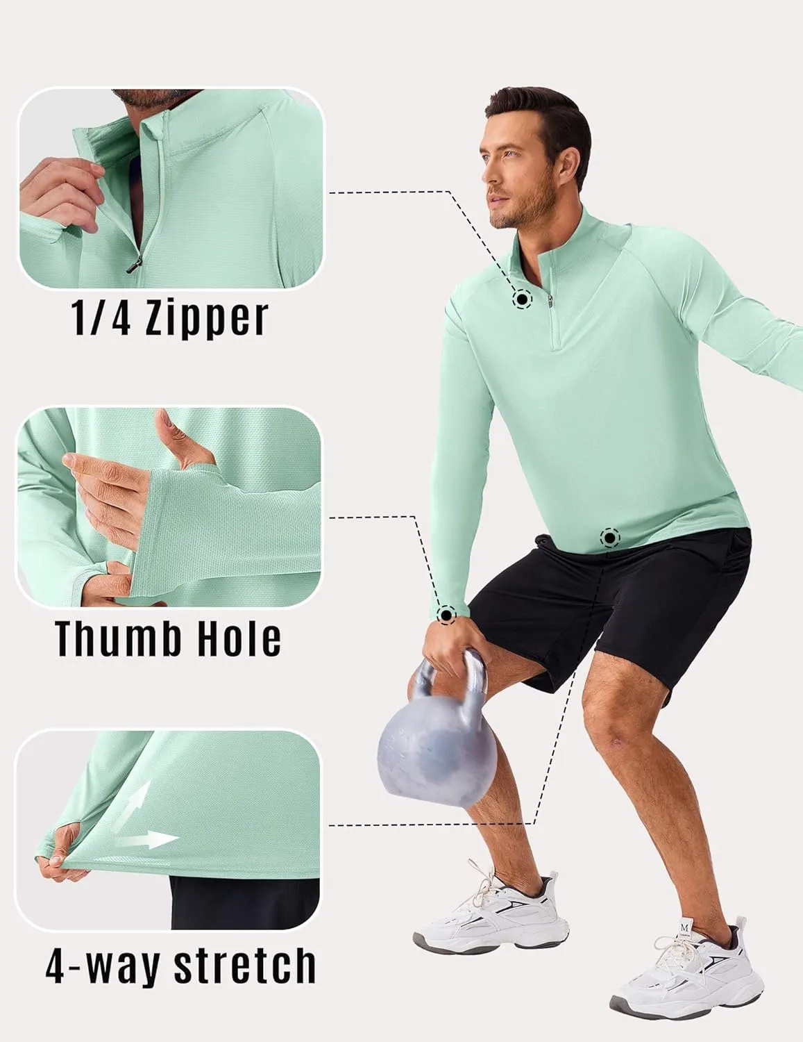 PINSPARK UV Long Sleeve Shirt for Men Quarter Zip Pullover Lightweight Rash Guard with Thumb Hole Quick Dry Workout Shirts