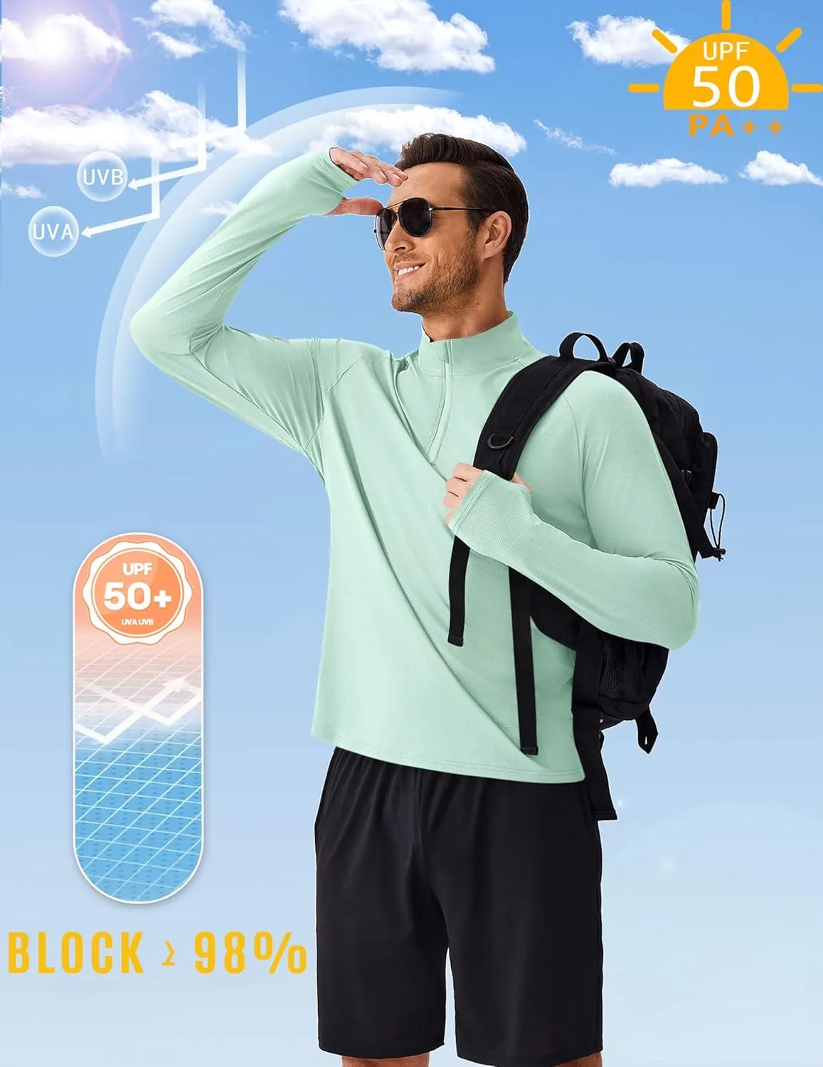 PINSPARK UV Long Sleeve Shirt for Men Quarter Zip Pullover Lightweight Rash Guard with Thumb Hole Quick Dry Workout Shirts