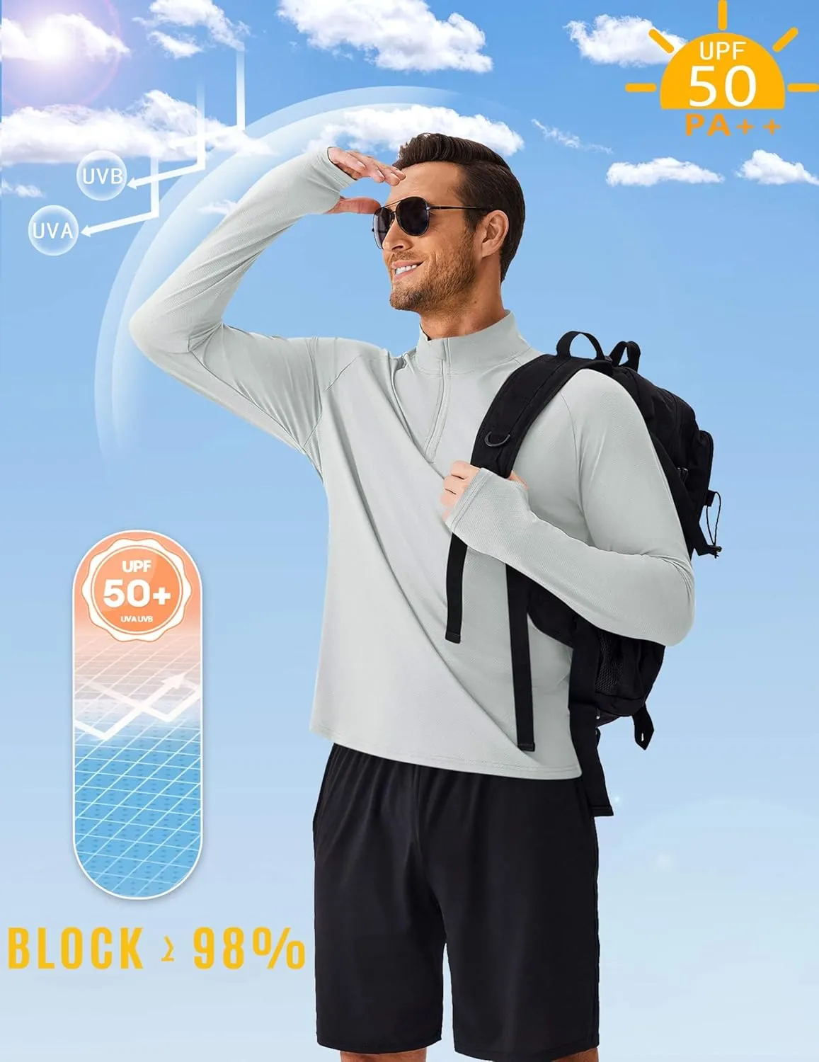 PINSPARK UV Long Sleeve Shirt for Men Quarter Zip Pullover Lightweight Rash Guard with Thumb Hole Quick Dry Workout Shirts