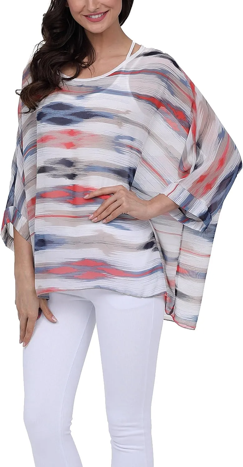 Plus Size Floral Chiffon Batwing Sleeve Tunic Blouse Boho Off-Shoulder Beach Cover Up Loose Summer Tops for Women