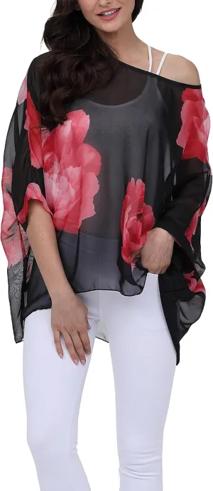 Plus Size Floral Chiffon Batwing Sleeve Tunic Blouse Boho Off-Shoulder Beach Cover Up Loose Summer Tops for Women