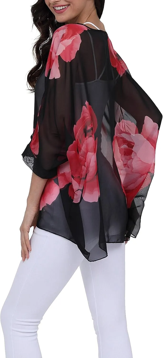 Plus Size Floral Chiffon Batwing Sleeve Tunic Blouse Boho Off-Shoulder Beach Cover Up Loose Summer Tops for Women