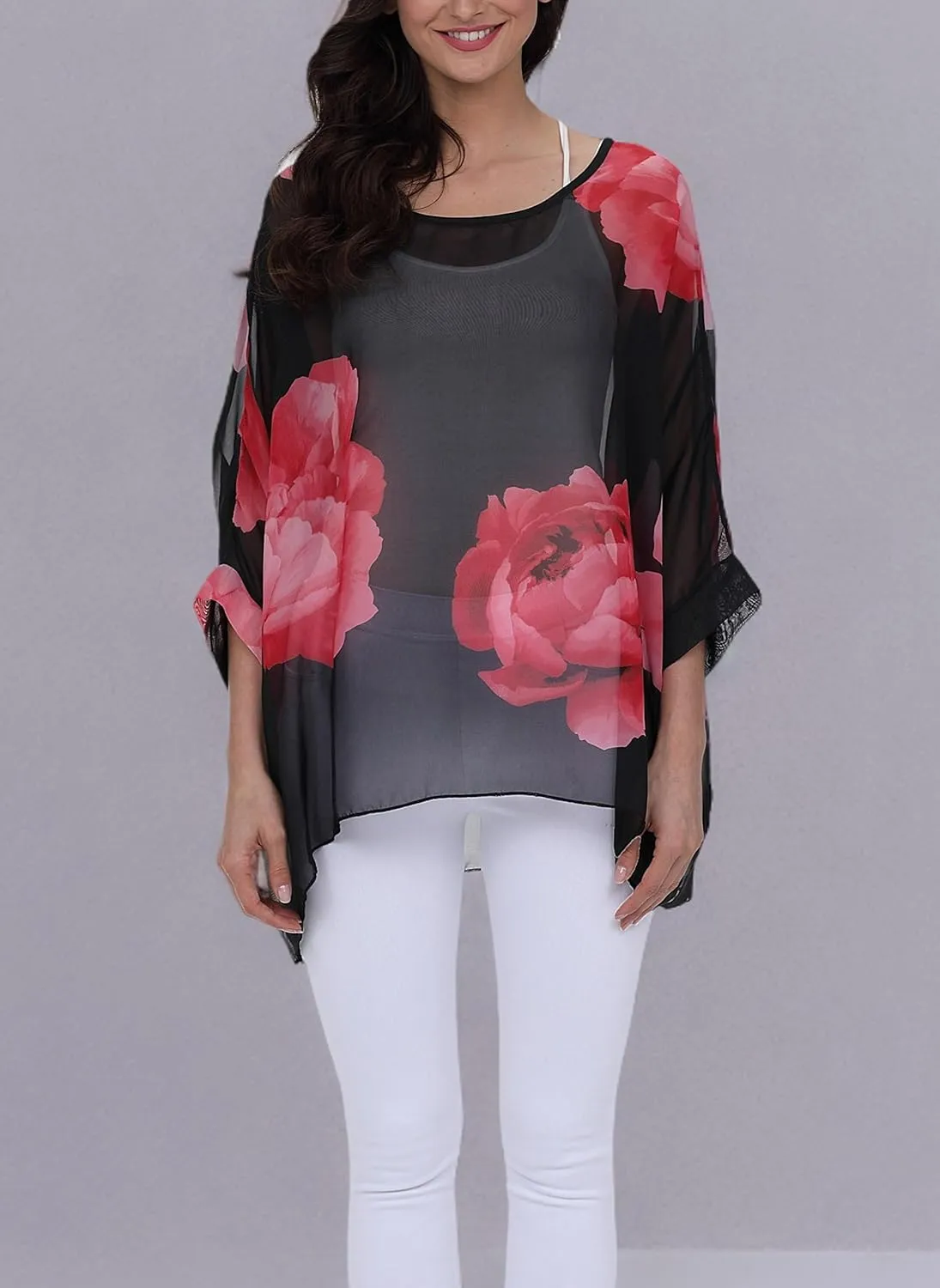 Plus Size Floral Chiffon Batwing Sleeve Tunic Blouse Boho Off-Shoulder Beach Cover Up Loose Summer Tops for Women