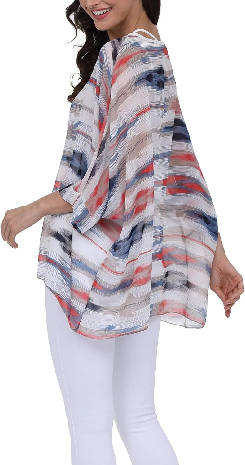Plus Size Floral Chiffon Batwing Sleeve Tunic Blouse Boho Off-Shoulder Beach Cover Up Loose Summer Tops for Women