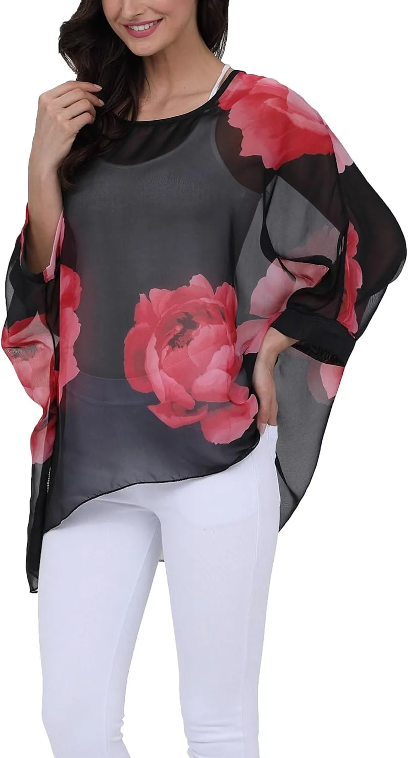 Plus Size Floral Chiffon Batwing Sleeve Tunic Blouse Boho Off-Shoulder Beach Cover Up Loose Summer Tops for Women