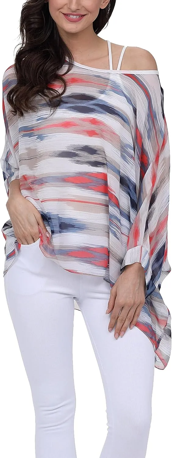 Plus Size Floral Chiffon Batwing Sleeve Tunic Blouse Boho Off-Shoulder Beach Cover Up Loose Summer Tops for Women