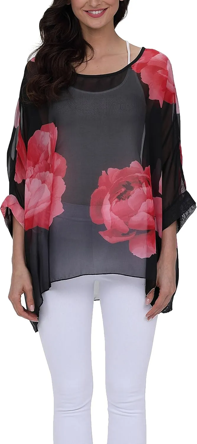 Plus Size Floral Chiffon Batwing Sleeve Tunic Blouse Boho Off-Shoulder Beach Cover Up Loose Summer Tops for Women