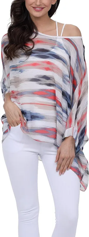 Plus Size Floral Chiffon Batwing Sleeve Tunic Blouse Boho Off-Shoulder Beach Cover Up Loose Summer Tops for Women
