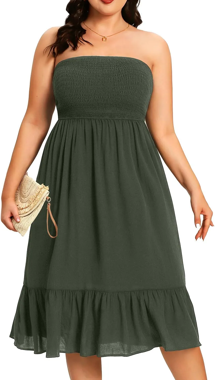 Plus Size Summer Dresses - Strapless Tube Top Sundress Casual Beach Swimsuit Cover Up Swimwear Boho Midi Dress 2025