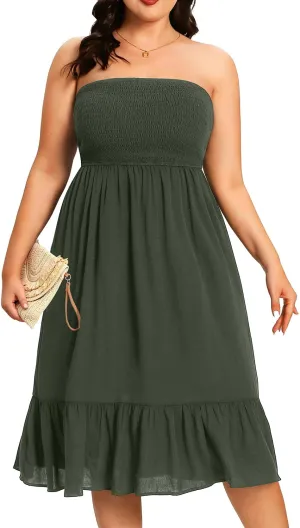 Plus Size Summer Dresses - Strapless Tube Top Sundress Casual Beach Swimsuit Cover Up Swimwear Boho Midi Dress 2025