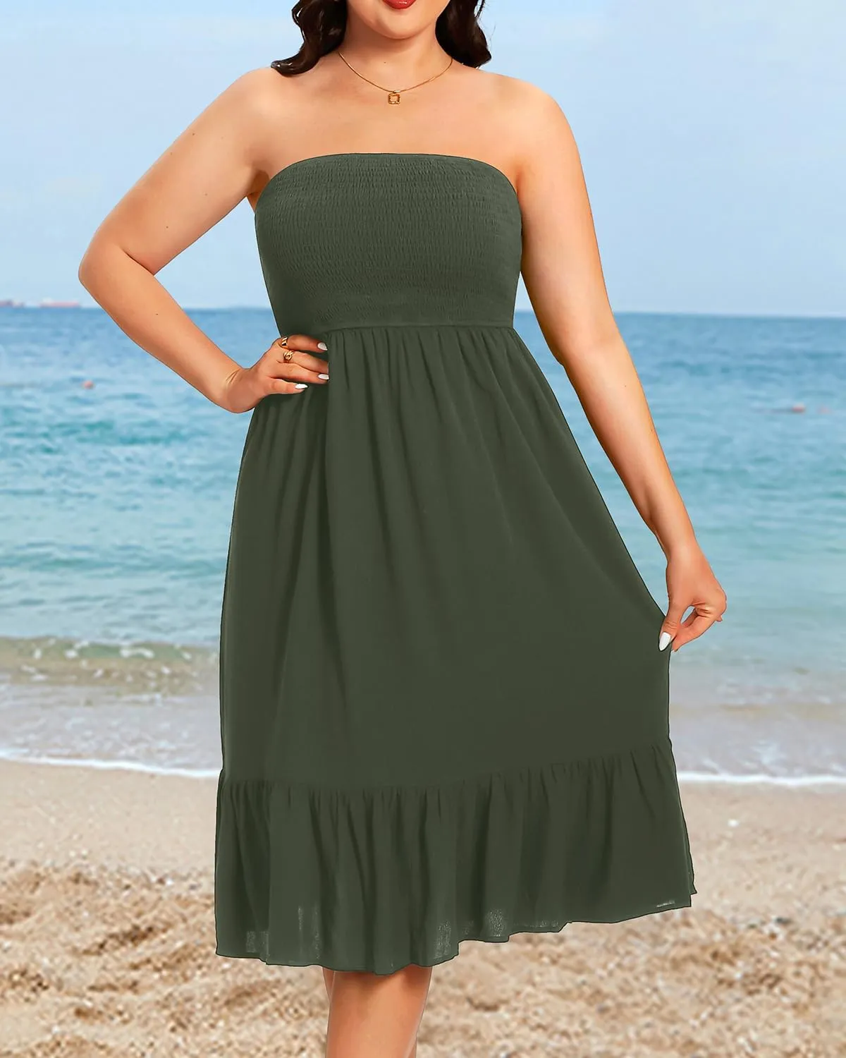 Plus Size Summer Dresses - Strapless Tube Top Sundress Casual Beach Swimsuit Cover Up Swimwear Boho Midi Dress 2025