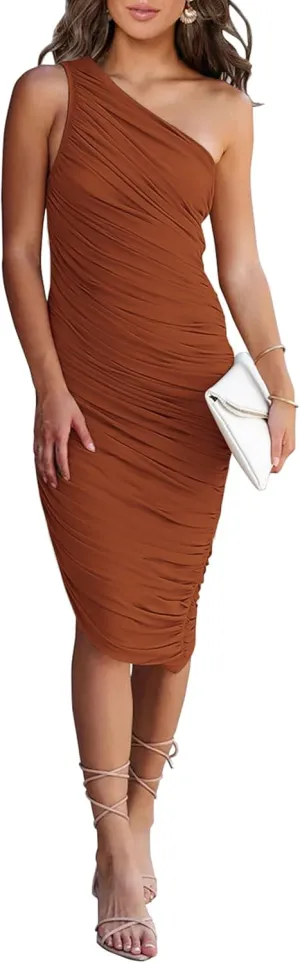 PRETTYGARDEN Summer One Shoulder Dresses for Women 2025 Elegant Mesh Ruched Asymmetrical Wedding Guest Cocktail Bodycon Dress