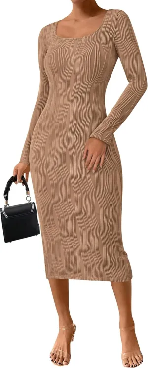 PRETTYGARDEN Womens Fall Dresses 2025 Long Sleeve Square Neck Knit Midi Beach Vacation Clothes Slit Bodycon Long Dress