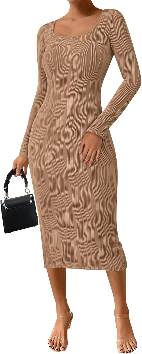 PRETTYGARDEN Womens Fall Dresses 2025 Long Sleeve Square Neck Knit Midi Beach Vacation Clothes Slit Bodycon Long Dress