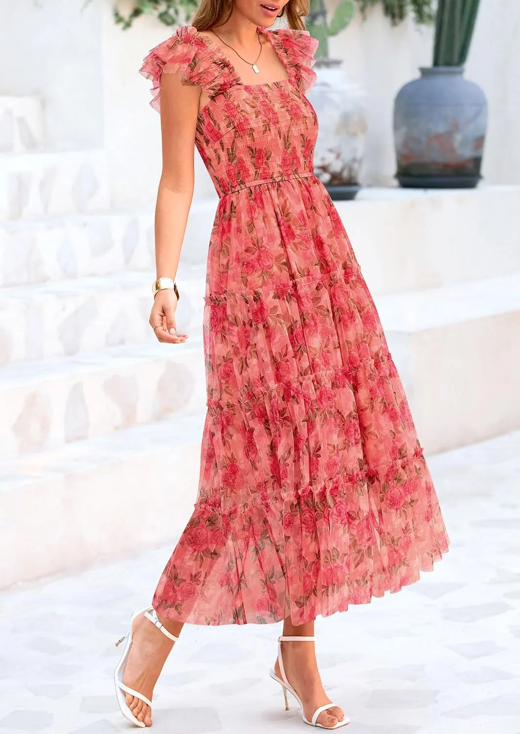 PRETTYGARDEN Women's Summer Tulle Midi Dress Sleeveless Smocked Ruffle Mesh Flowy Dresses Party Wedding Guest Sundress