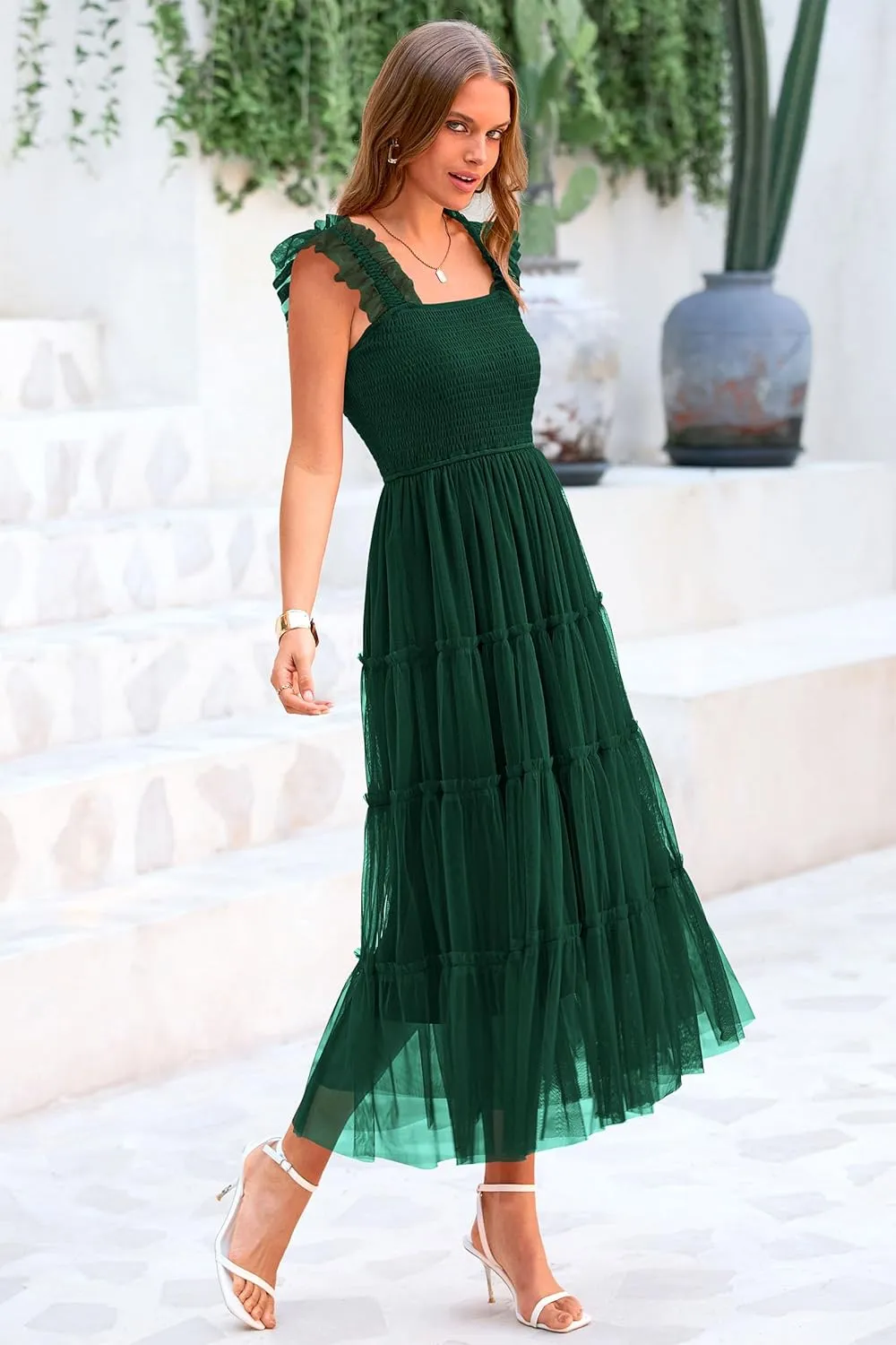 PRETTYGARDEN Women's Summer Tulle Midi Dress Sleeveless Smocked Ruffle Mesh Flowy Dresses Party Wedding Guest Sundress