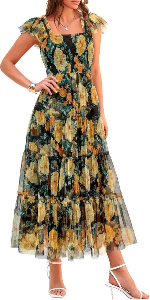 PRETTYGARDEN Women's Summer Tulle Midi Dress Sleeveless Smocked Ruffle Mesh Flowy Dresses Party Wedding Guest Sundress