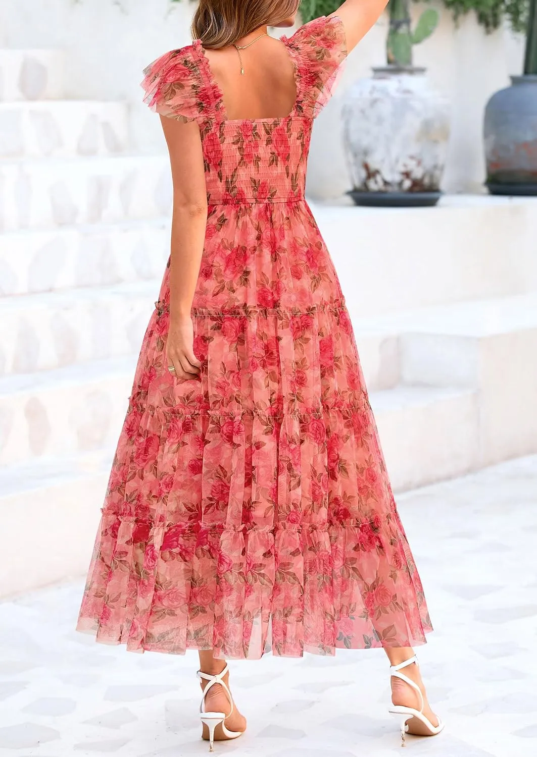 PRETTYGARDEN Women's Summer Tulle Midi Dress Sleeveless Smocked Ruffle Mesh Flowy Dresses Party Wedding Guest Sundress