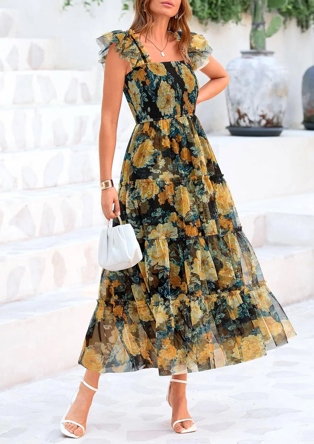 PRETTYGARDEN Women's Summer Tulle Midi Dress Sleeveless Smocked Ruffle Mesh Flowy Dresses Party Wedding Guest Sundress