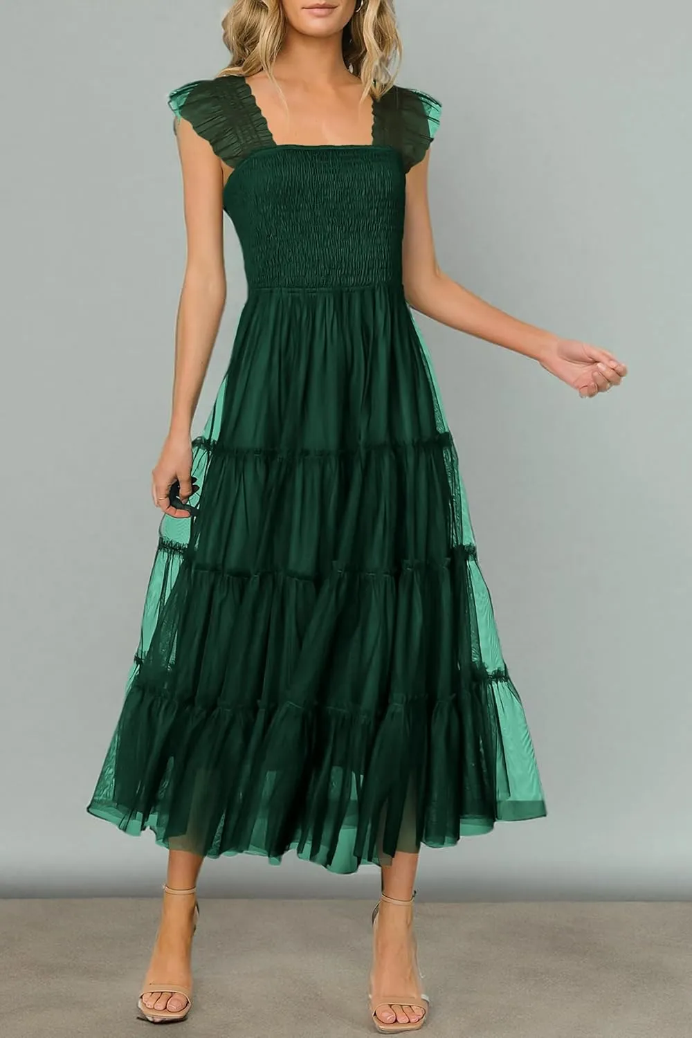 PRETTYGARDEN Women's Summer Tulle Midi Dress Sleeveless Smocked Ruffle Mesh Flowy Dresses Party Wedding Guest Sundress