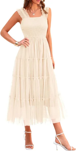 PRETTYGARDEN Women's Summer Tulle Midi Dress Sleeveless Smocked Ruffle Mesh Flowy Dresses Party Wedding Guest Sundress