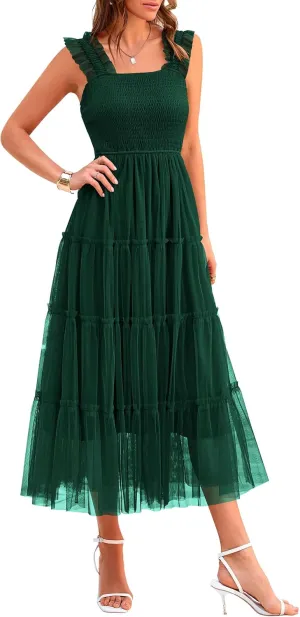 PRETTYGARDEN Women's Summer Tulle Midi Dress Sleeveless Smocked Ruffle Mesh Flowy Dresses Party Wedding Guest Sundress