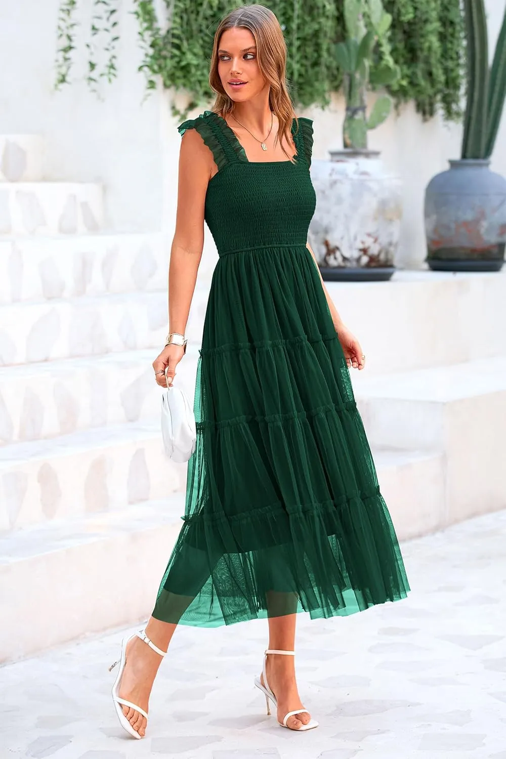 PRETTYGARDEN Women's Summer Tulle Midi Dress Sleeveless Smocked Ruffle Mesh Flowy Dresses Party Wedding Guest Sundress