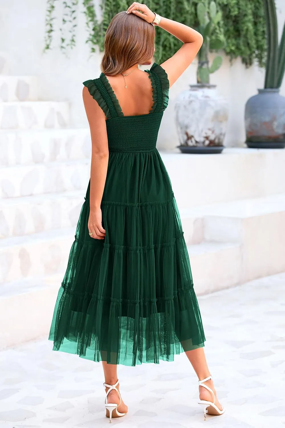 PRETTYGARDEN Women's Summer Tulle Midi Dress Sleeveless Smocked Ruffle Mesh Flowy Dresses Party Wedding Guest Sundress