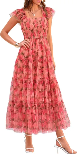 PRETTYGARDEN Women's Summer Tulle Midi Dress Sleeveless Smocked Ruffle Mesh Flowy Dresses Party Wedding Guest Sundress