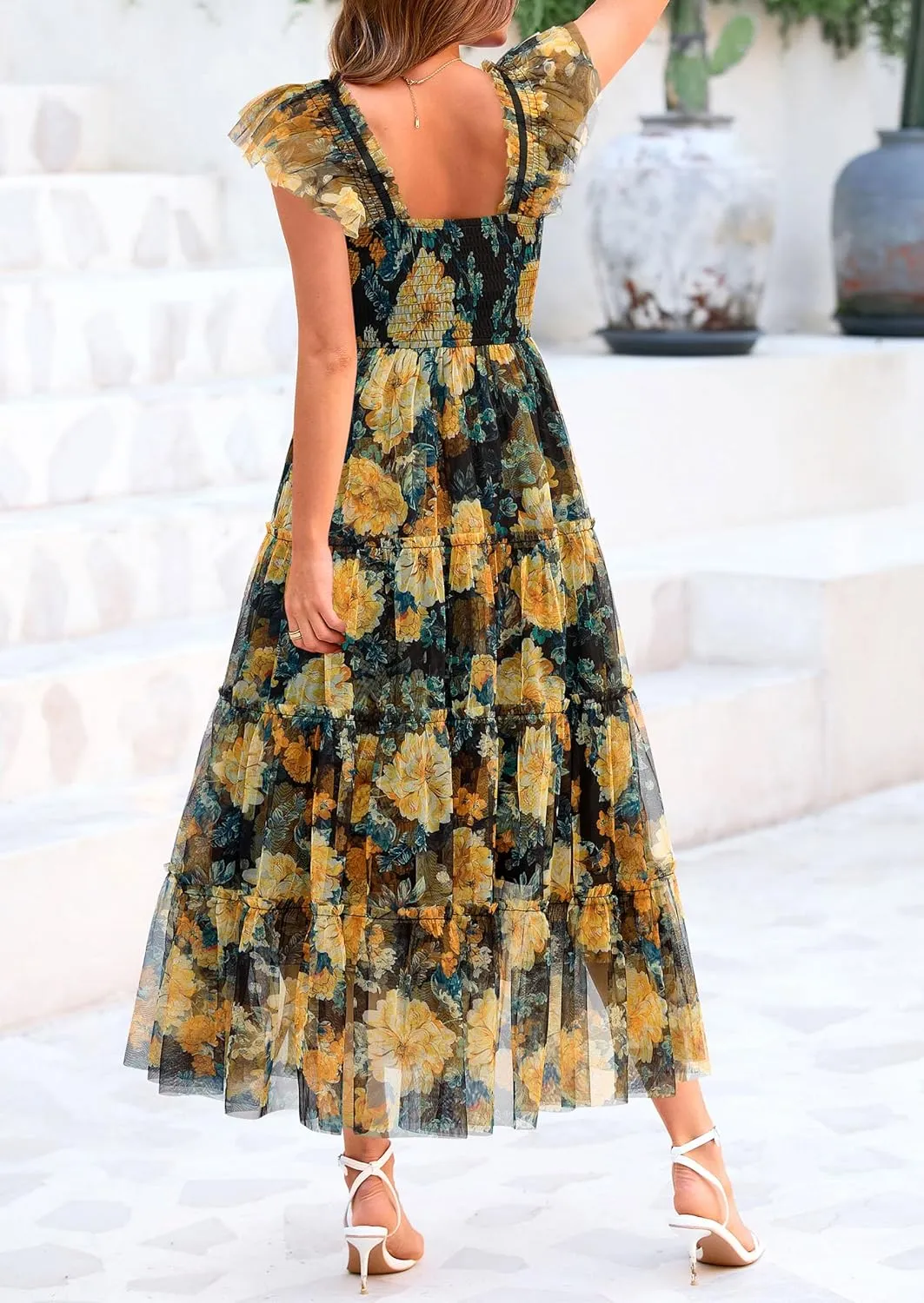 PRETTYGARDEN Women's Summer Tulle Midi Dress Sleeveless Smocked Ruffle Mesh Flowy Dresses Party Wedding Guest Sundress